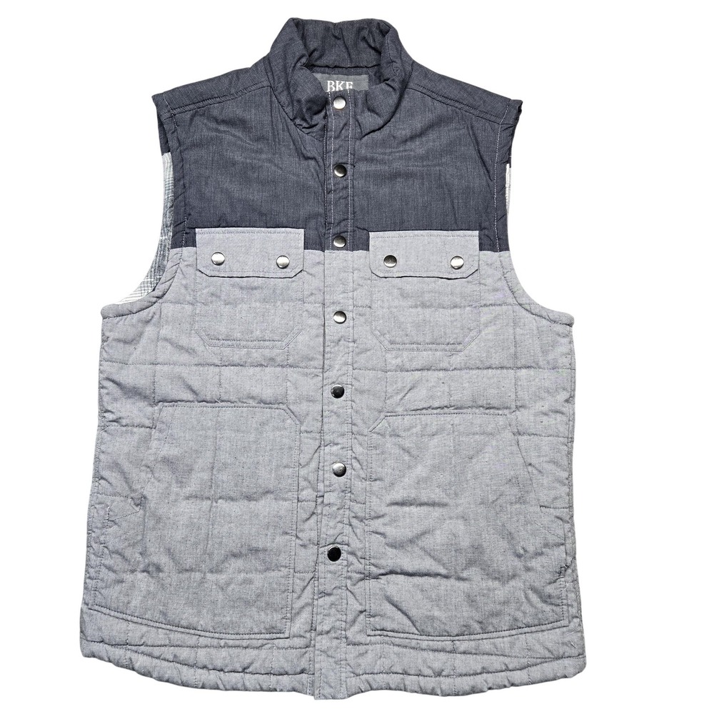 BKE Vest Mens Medium Gray Chambray Quilted Snap Front Pockets Plaid Lined